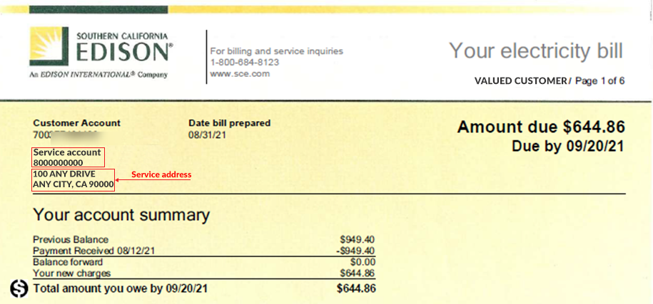 An image that shows your billing account information can be found on the upper left side of your SCE bill.